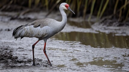 Sandhill Crane Wading in Shallow Water