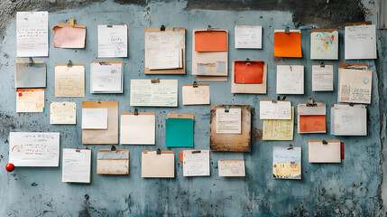 vibrant city noticeboard filled with various posters, notes, and messages, showcasing community events and information. colorful papers create engaging visual display