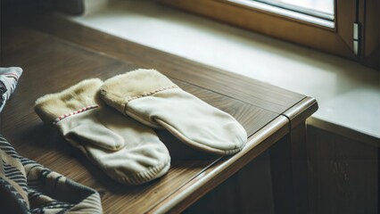 Pair of fur-trimmed mittens on wooden table