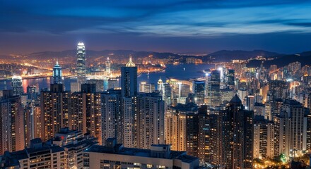 Obraz premium Aerial view of a cityscape with lights glowing at twilight