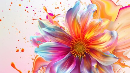 Fototapeta premium Vibrant abstract flower with colorful petals and splashes of paint, showcasing a fusion of bright hues and artistic expression. Nature and creativity concept.