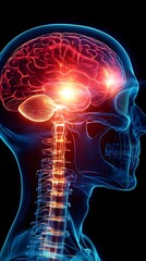 A brain with red and orange glowing areas