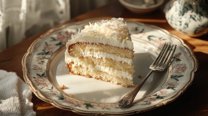 Delicious Slice of Creamy Vanilla Cake on Elegant Vintage Plate
