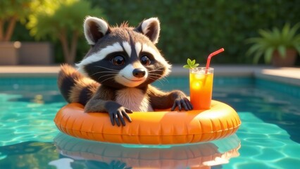 A raccoon enjoys a refreshing drink while floating in a pool on a bright, sunny day. The vibrant orange float adds color to the tranquil outdoor setting with greenery in the background.