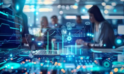 A computer screen with a woman on it and a man in the background