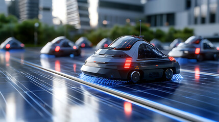 Fototapeta premium Automated cleaning vehicles on solar panels, showcasing advanced technology and innovation. scene highlights importance of maintaining solar energy systems for efficiency