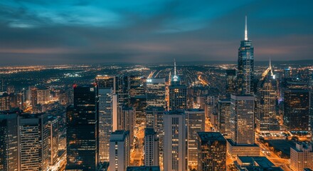 Obraz premium Aerial view of a cityscape with lights glowing at twilight
