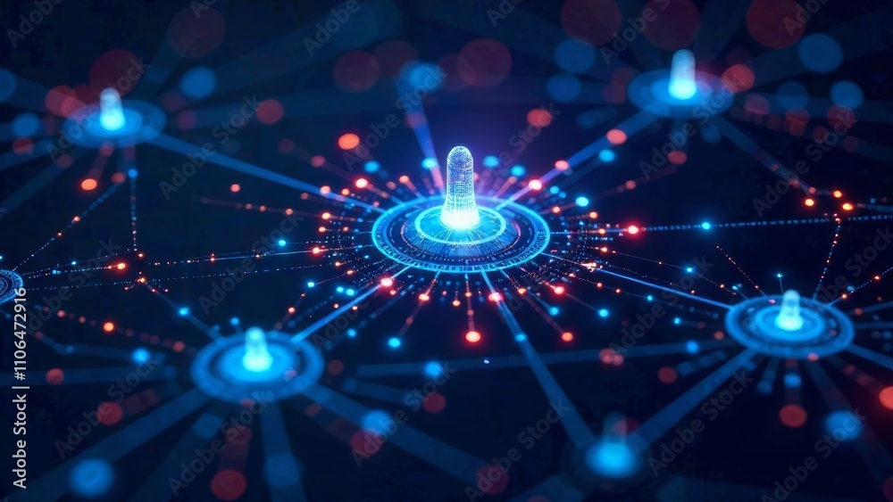 Poster a vibrant digital network visualization captures data flow and connections through glowing nodes and