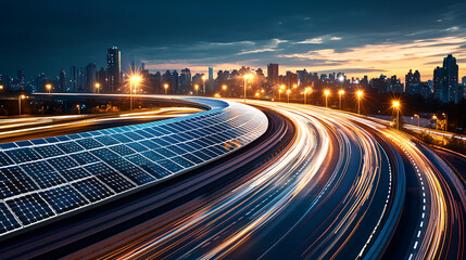 Modern highway with solar panels and city skyline at sunset