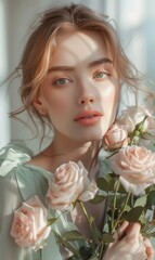 Naklejka premium A woman is holding a bouquet of pink roses