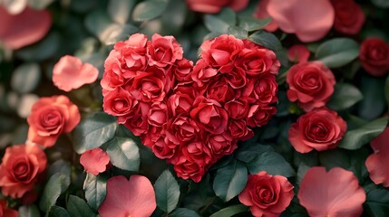 A bouquet of red roses with a heart shape in the middle