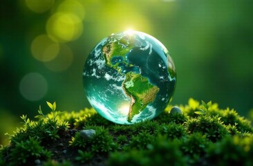 A glass globe showcasing the continents shines brightly in a serene environment. It sits atop soft green moss under gentle sunlight, symbolizing the beauty of nature and the world.