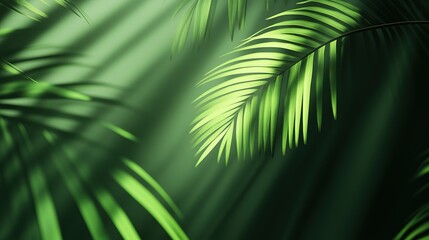 Obraz premium A 3D render featuring a simple abstract green background, illuminated by bright sunlight, with the soft shadow of a palm leaf casting across the surface. This modern, minimalistic showcase scene 