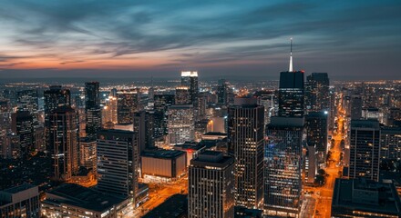 Fototapeta premium Aerial view of a cityscape with lights glowing at twilight