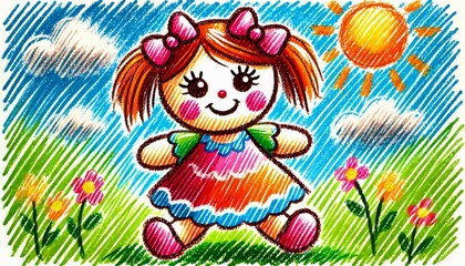 A cheerful children's drawing of a toy doll.