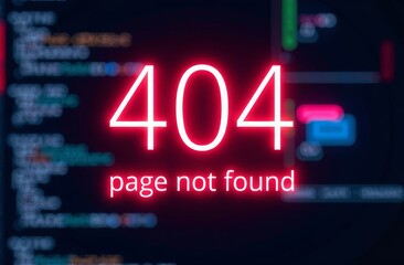 A bright red 404 page not found message appears on a dark background filled with coding snippets. The screen symbolizes a common internet error, encountered during web browsing.