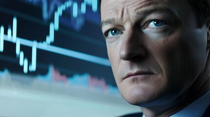 Portrait of a serious Caucasian man with blue eyes, analyzing stock market data on a digital screen.