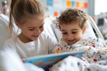 A loving sister shares a story with her younger sibling, both wrapped in cozy blankets, creating a warm and comforting atmosphere in a hospital setting filled with care.