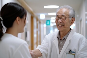 Obraz premium An elder doctor smiles warmly as he engages with a young medical professional in a hospital corridor, symbolizing mentorship and healthcare passion.
