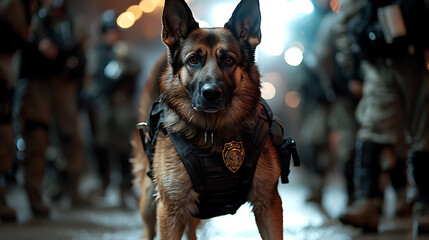 police K 9 unit dog in tactical vest stands alert in dimly lit environment, showcasing its training and readiness for action