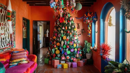 Naklejka premium Colorful Holiday Decor in Festive Living Room with Christmas Tree