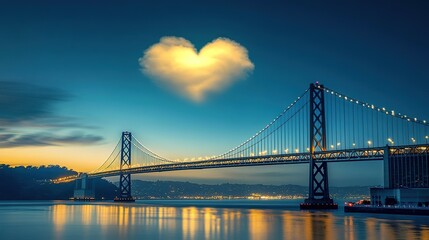 Fototapeta premium A beautiful bridge illuminated by the warm golden hour light, arching gracefully over a river, with a soft heart-shaped cloud floating in the sky, creating a romantic and serene atmosphere