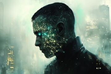 A Mysterious Profile of a Cybernetic Figure Against a Futuristic Cityscape, Embodying Technology and Humanity Through a Blend of Digital Elements and Urban Aesthetics