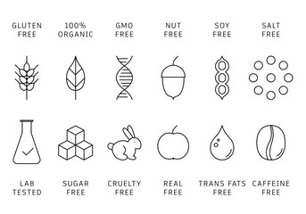 Food Badges. Allergens Icons. Set allergen free icons. Allergen free products. Products warning symbols. Gluten, sugar, trans fat, soy, nuts free, coffeine sign