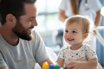 Obraz premium A father shares a joyful moment with his child while playing with colorful toys in the hospital, emphasizing the importance of family support during healthcare experiences.