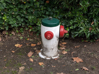 A fire hydrant painted in red, white, and green colors
