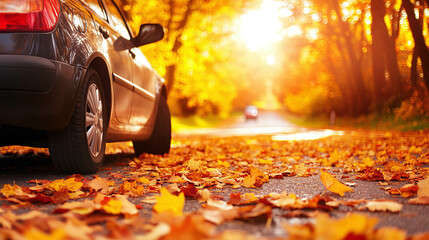 Car drive through road full of autumn leaves, automobile on a picturesque fall street, showcasing the beauty of the season with yellow and orange foliage, scenic transportation travel trip or journey.
