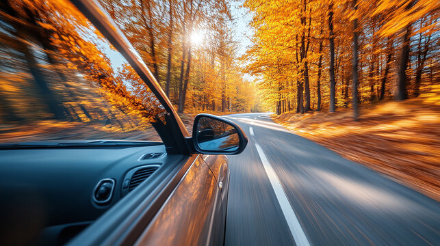 Car drive through road full of autumn leaves, automobile on a picturesque fall street, showcasing the beauty of the season with yellow and orange foliage, scenic transportation travel trip or journey.