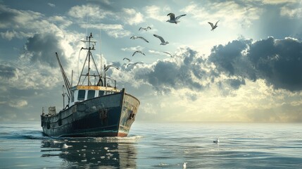Fototapeta premium Old Fishing Boat Sailing Through Calm Waters Under Cloudy Sky
