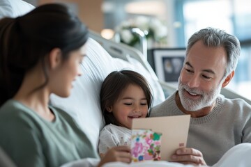 A joyful grandfather enjoys a heartfelt visit from his loved ones, sharing smiles and warmth while reading a card, capturing the essence of family love in a hospital setting.