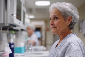 Obraz premium A senior woman reflects in a serene environment post-treatment, signifying recovery, hope, and the emotional journey of healing in healthcare.