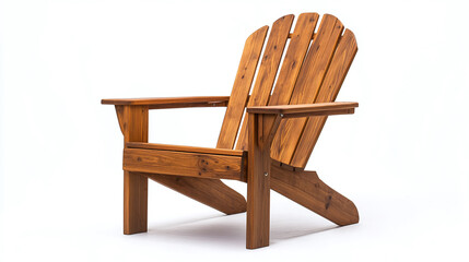 Wooden lounge adirondack muskoka chair isolated on white background. outdoor summer vacation lake dock leisure relaxation seat or sit furniture, peaceful garden patio tranquility on deck outside.