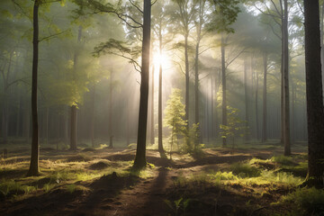 A serene forest scene illuminated by sunlight filtering through misty trees.