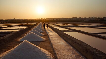 Salt Flats at Sunset with Silhouettes of People