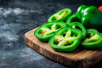 Freshly sliced green peppers on a rustic wooden cutting board ready for cooking. Generative AI