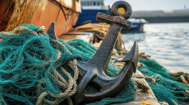 Rustic Anchor Resting on Twisted Ropes Near Calm Water Surface