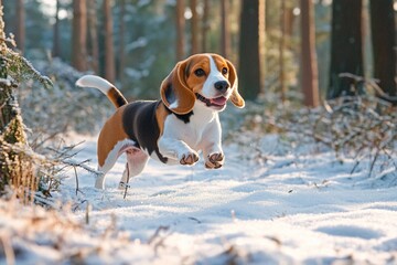 Beagle joyfully running through a snowy forest during a sunny winter afternoon. Generative AI