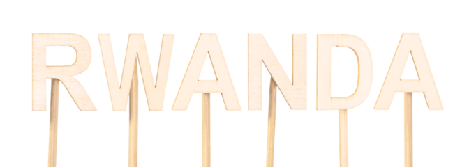 Clean and minimalistic style: word Rwanda with clear wooden letters isolated on white background. Decorative banner.