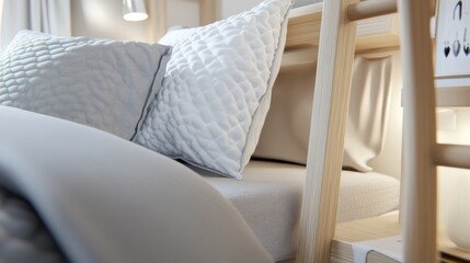 Cozy bed with textured pillows in a softly lit room, AI