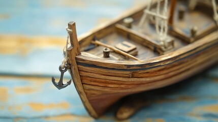Vintage Wooden Boat Model with Anchor on Blue Rustic Background