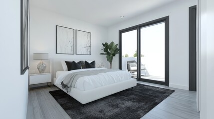 Modern Minimalist Bedroom with Large Windows and Cozy Decor