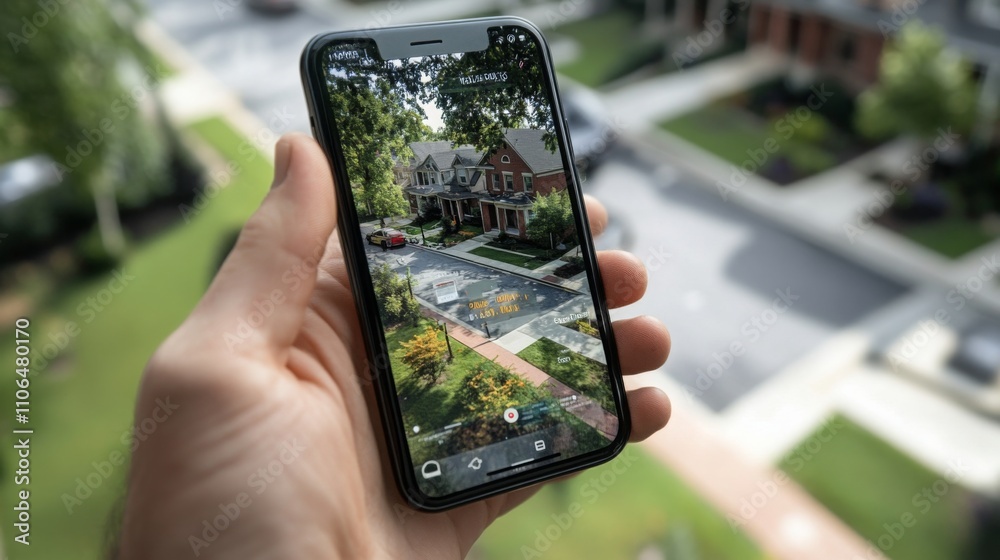 Aufkleber a hand holds a smartphone displaying a virtual view of a residential neighborhood.