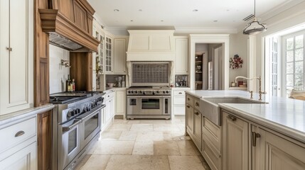 Spacious Kitchen with White Cabinets and Stainless Steel Appliances