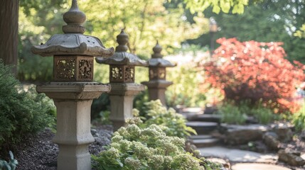 Fototapeta premium Stone Lanterns in a Tranquil Garden Path
