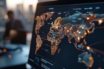 This image showcases a detailed digital world map with illuminated connections, symbolizing global connectivity in modern technology and data sharing.