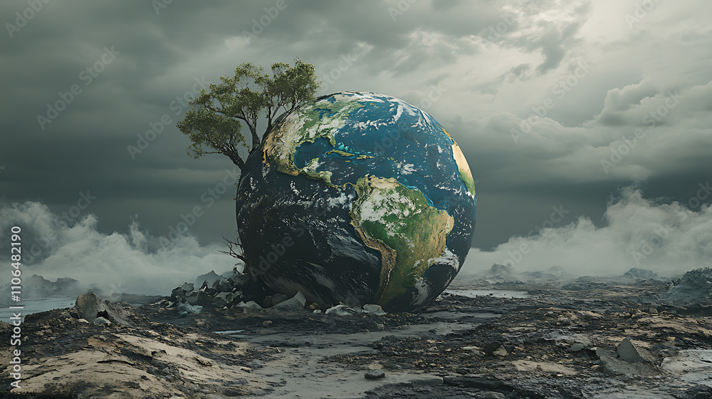 Poster artistic representation of earth impacted by climate change with visual elements indicating environm